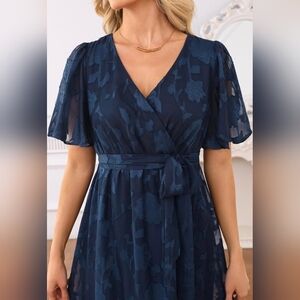Navy Floral Short Flutter Sleeve Dress